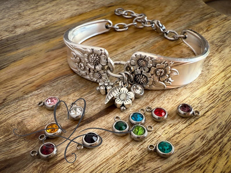 1950’s "April’d Silverware Bracelet with Charms and Birthstones • Made from Authentic, Silver-Plated Silverware