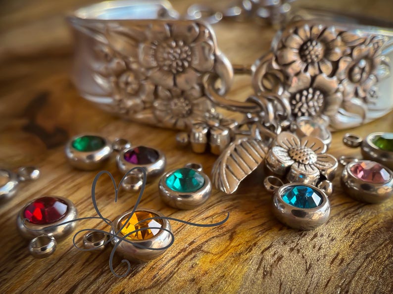 1950’s "April’d Silverware Bracelet with Charms and Birthstones • Made from Authentic, Silver-Plated Silverware