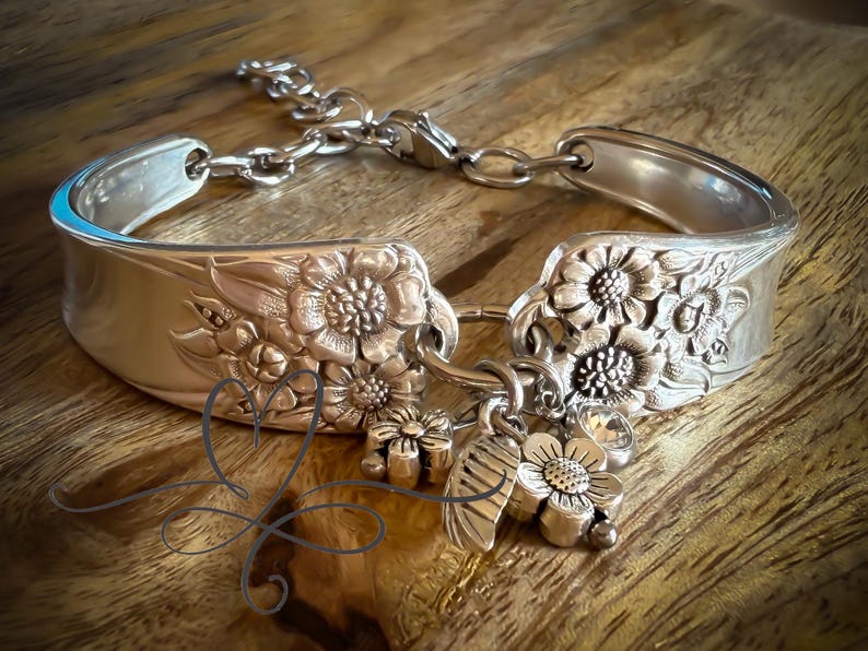 1950’s "April’d Silverware Bracelet with Charms and Birthstones • Made from Authentic, Silver-Plated Silverware