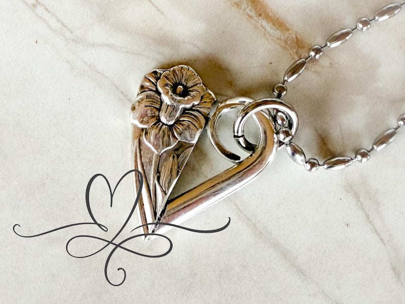 Fork End & Tine Heart Necklace • The "Daffodil" Silver-plated Spoon Necklace • 1950 • Authentic Silverware