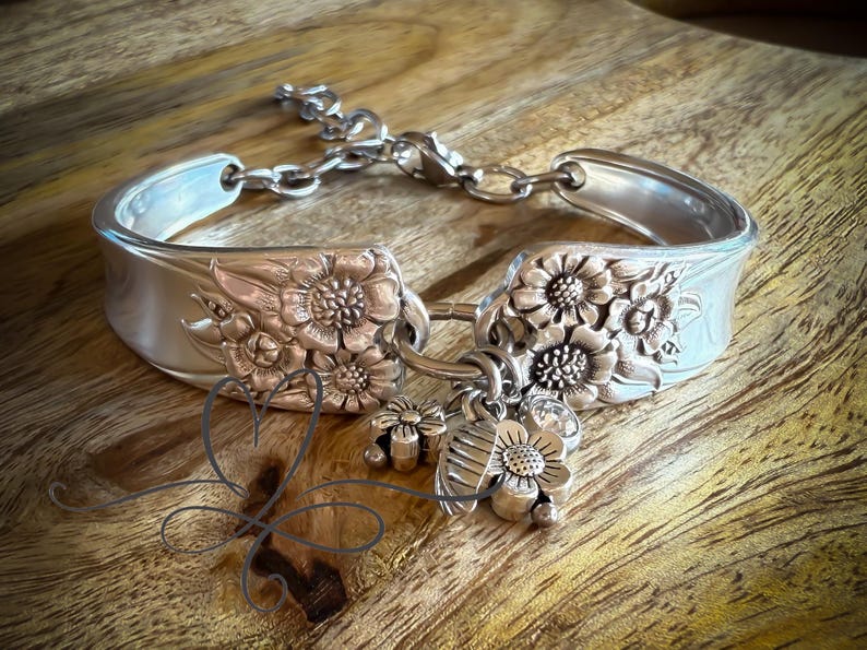1950’s "April’d Silverware Bracelet with Charms and Birthstones • Made from Authentic, Silver-Plated Silverware