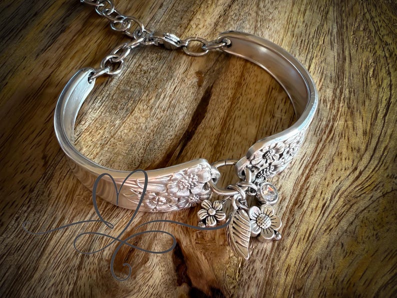 1950’s "April’d Silverware Bracelet with Charms and Birthstones • Made from Authentic, Silver-Plated Silverware